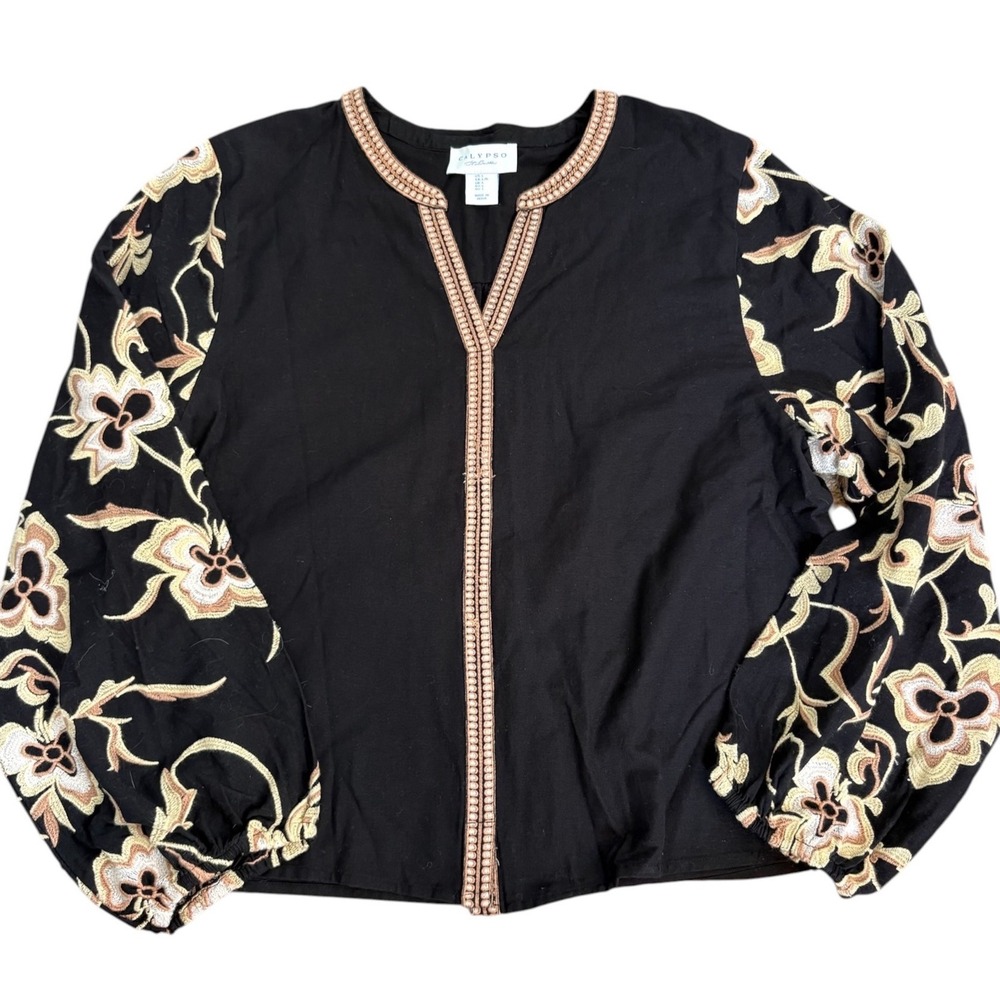 Calypso St. Barth Black Embroidered Floral Cotton Flax Blouse Top Large
